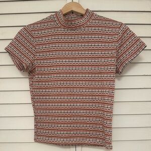 Kendall & Kylie Short Sleeve Mock Neck Top in Coral, Cream & Black Stripe